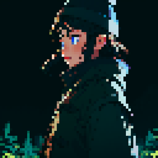 Dark night time in the forest background, Dark background, profile picture, young girl, rounded face, no emotion face, blue eyes, short black hair, brown coat, brown hat, small chest