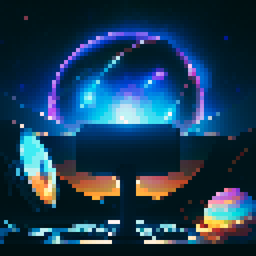Starry space background, pixel art, glowing stars, retro-inspired, twinkling constellations, illuminated planets, cosmic hues, immersive depth, landscape with a computer terminal displaying "Stardust Reflections" and the main character's reflection on the screen