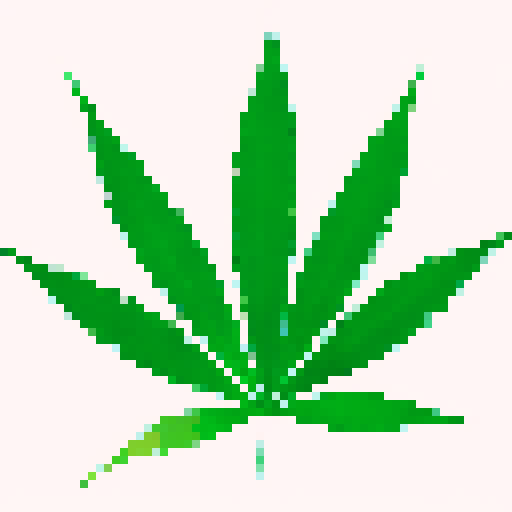 "Vibrant, retro, and digital: A pixelated cannabis leaf surrounded by neon lights and geometric shapes."