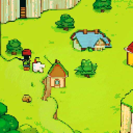 Green valley, odd houses with ribbons, boy with striped shirt and baseball cap, mole with ribbon