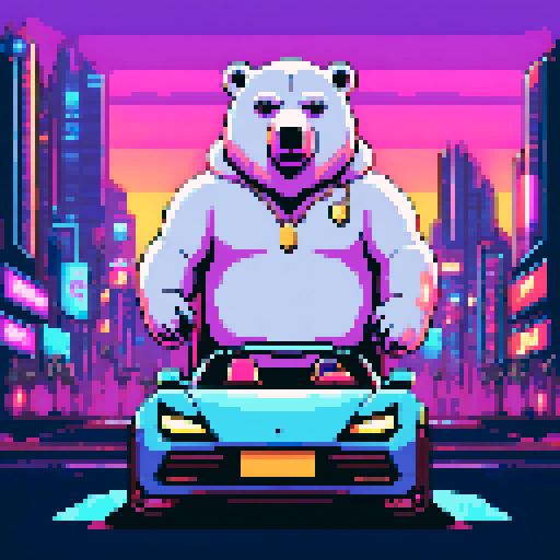 
"An 8-bit pixel art of a polar bear sitting in the driver’s seat of a luxury sports car. The bear is decked out with gold chains, oversized sunglasses, and a snapback hat, exuding a flashy crypto mogul vibe. Inside the car, a glowing high-tech dashboard displays cryptocurrency charts and wallet balances. The car speeds through a neon-lit cityscape filled with crypto-themed billboards and holographic ads, emphasizing the bear’s high-tech and lavish lifestyle."