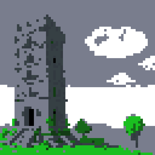 2d Red stone tower in an ancient english style. Old and crumbling but still upright. Vines crisscross it. Usable as an asset (clear, thick lines and a white background). Put a black stroke around the composition