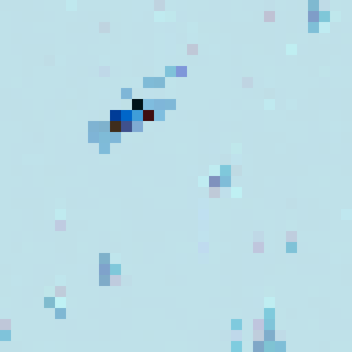 Perspective from high above looking down at the ground. Person walking to snow rover on snowy landscape