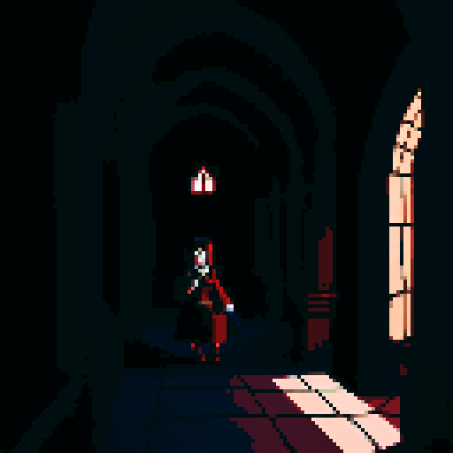 A vampire lurking in an old castle hallway