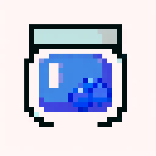 "Create a whimsical close-up portrait of a charming, smiling magic blueberry jam jar character with one big white left eye, a sliver lid, and shiny glass jar - rendered in a playful pixel art style with a vibrant, crisp, simple color palette and clean vector shading that would make for a perfect game icon."
