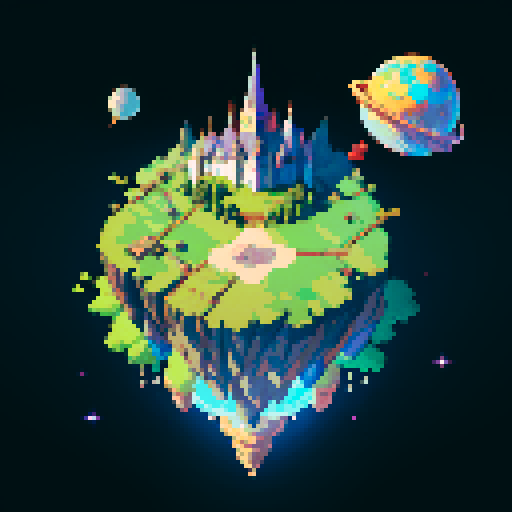 An enchanted fae island floating in space, top down view