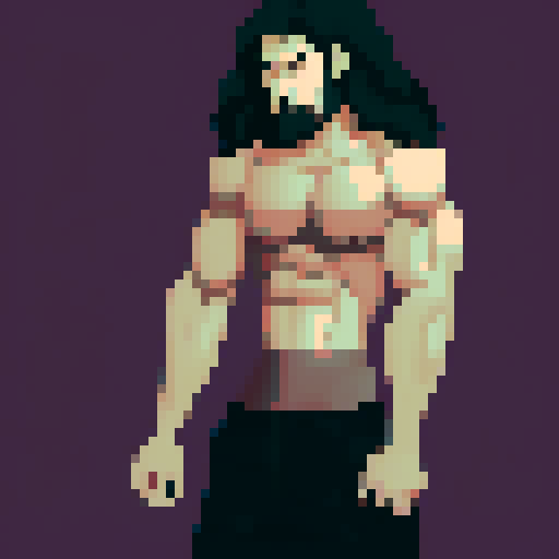 Buff white man, arms crossed, long black hair, purple eyes, shirtless, black baggy pants, fantasy, pixel art