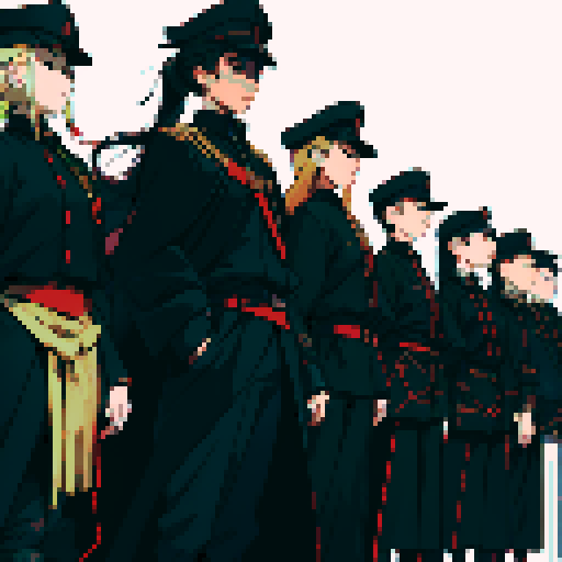 soldiers lined up, black uniforms, black hats, skull masks, lined up, facing camera, full-body image