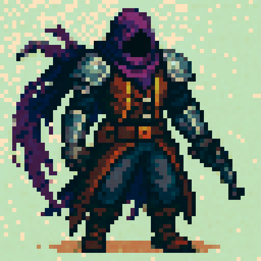 mysterious gunslinger, metal shoulder pads, metal gauntlets, bluish gray pants, brown leather chest armor with yellow highlights, bright purple tattered cloak covering face, sRGB, pixel art