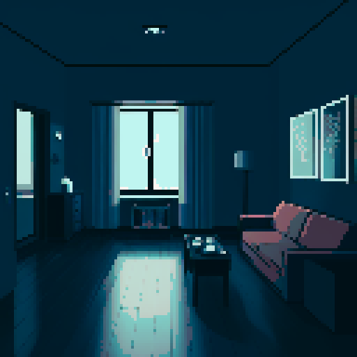 Dark, mysterious apartment interior with a sad cityscape in pixel art style, featuring dimly lit rooms