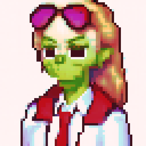 Green-skinned zombie with shoulder-length blonde hair, styled with straight bangs slightly covering the forehead and a high ponytail, green eyes with a neutral, somewhat bored expression, subtle blush on the cheeks and a slight frown, wearing large pinkish red goggles resting on top of the head, a white jacket over a red vest and red tie, with a white shirt and collar visible, in a sRGB pixel art style against a background of a detailed landscape