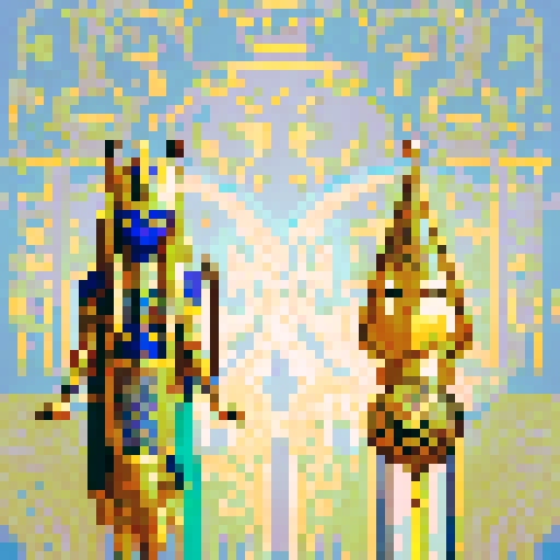 Mysterious Egyptian god Plutus, golden headdress, glowing eyes, hieroglyphic background, intricate jewel-encrusted staff, sacred scarab beetle, vibrant colors, pixel art, sRGB