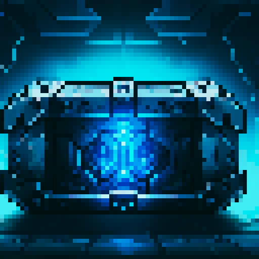 mystery box, stone, metall, shiny, pixel art, sRGB, vibrant colors, glowing lights, intricate patterns