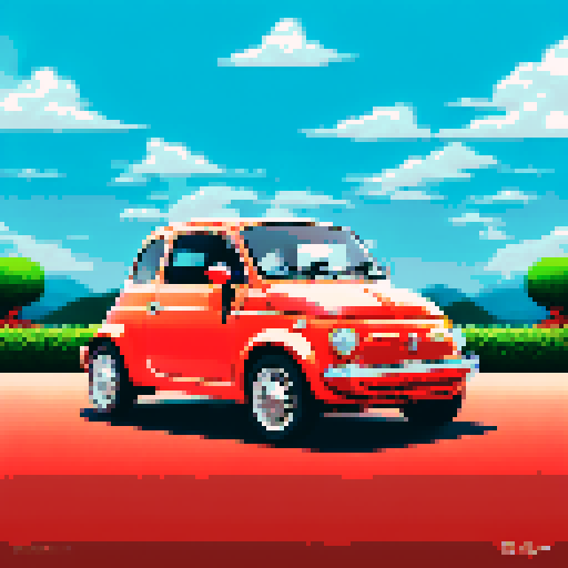Photorealistic, centered Fiat 500 in a three quarter view, right wheel in front, clean background, pixel art style with sRGB colors