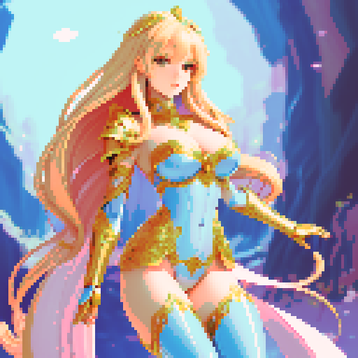 Beautiful, seductive, fantasy RPG female character, full body, dynamic pose, elegant magical armor, subtle cleavage chest plate, intricate golden ornaments, thigh-high boots, long flowing hair, smooth glowing skin, confident facial expression, direct gaze, soft lighting, simple background, soft gradient abstract setting, highly detailed anime style, ultra-realistic rendering, 4K wallpaper, character centered, pixel art, sRGB