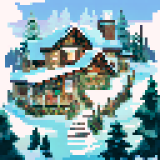 snowy mountain range ski town with a tiny lodge, igloo, campsite, cold, pixel art, sRGB, christmas themed