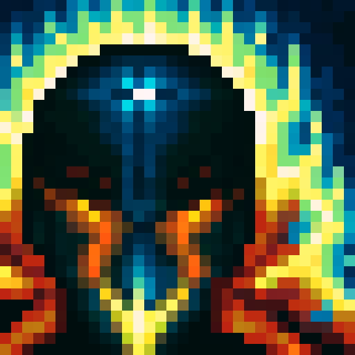 Warlock casting a fiery spell with glowing eyes and intricate runes, depicted in a pixel art close-up portrait with a dark, ominous background for a game icon.