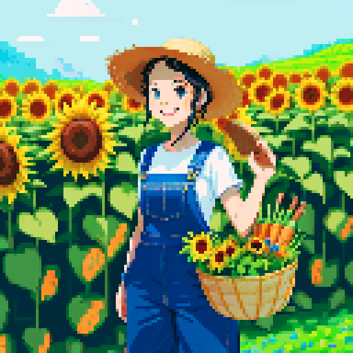 happy, female male farmer in pixel art style, black hair, surrounded by vibrant green fields, wearing worn-out denim overalls and a straw hat, holding a basket full of freshly harvested carrots and a bouquet of sunflowers, with a content smile on his face, standing next to a rustic wooden cart filled with colorful fruits and vegetables