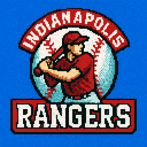 Pixel art of a fictional baseball team called the Indianapolis Ranger. red, white and light gray, sharp outlines, and soft pixel shading. The logo design mimics 80s MLB logos. Use a vibrant Sega Genesis 16-bit style with selective dithering, geometric forms, and nostalgic retro charm. Avoid modern gradients—keep it pure pixel art.