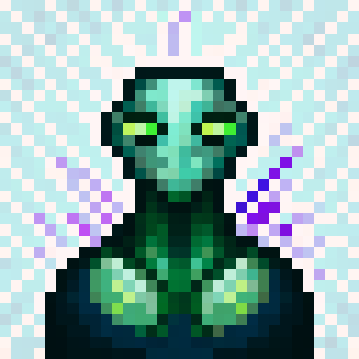 alien creature with glowing green skin, multiple eyes, and sharp fangs, holding a futuristic laser gun, against a vibrant purple background, in a pixelated style, with intricate details, showcasing its menacing expression, in a close-up portrait