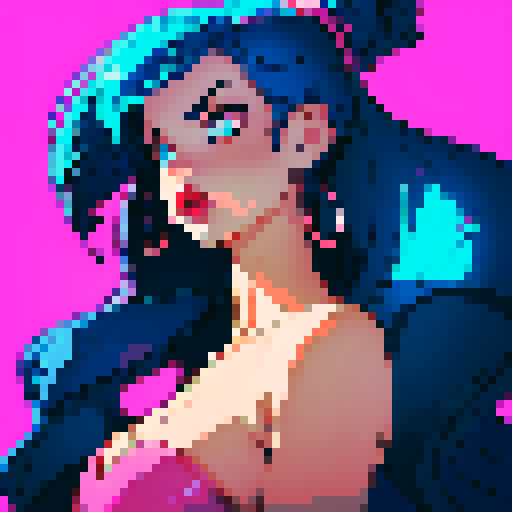 sexy naked woman, pixelated, vibrant colors, retro, curvaceous, confident, seductive, smooth lines, alluring, provocative, sensual, electric energy, vibrant blue hair, expressive eyes, bold lipstick, shapely silhouette, glowing skin, dynamic pose, high contrast, minimalistic background