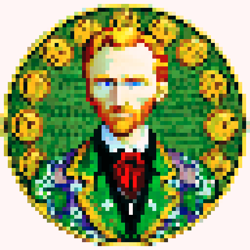 Gucci Van Gogh, exuding cryptocurrency riches, pixelated in sRGB, flaunting Gucci fashion blended with digital and crypto elements, surrounded by bitcoins, ethereum coins, digital ledgers, exuding confidence and success in the digital age