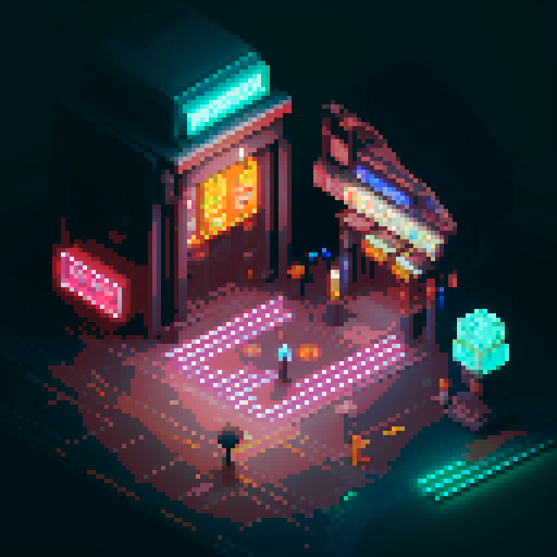Isometric 2D cyberpunk street scene, vibrant neon lights, futuristic storefronts with glowing neon signs, reflective wet pavement, cybernetic-enhanced pedestrians, high-tech vehicles, mage girl floating in center, serene pose, fusion of mage robes and cyberpunk aesthetics with glowing runes, mystical aura amidst technology, focus on dynamic lighting and detailed environment