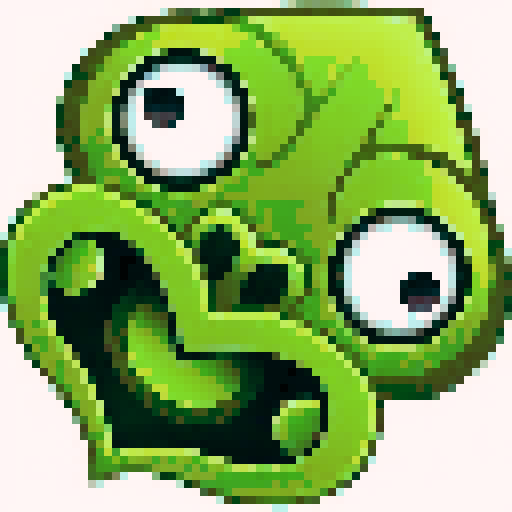 A twisted green Hei Tiki head, wide-eyed and contorted, exuding a mix of mischief and madness, stylized with bold lines and exaggerated featuresIN PIXEL ART