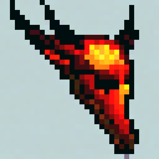 Horned, fiery demon hunter helmet with intricate engravings, glowing red eyes, and smoke billowing from the nostril-like vents, rendered in 32x32 pixel art for use as a game asset