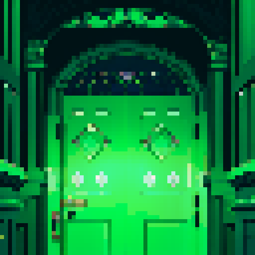 closeup of a pixelated, sRGB-style door, revealing an otherworldly environment with infinite identical doors hidden within