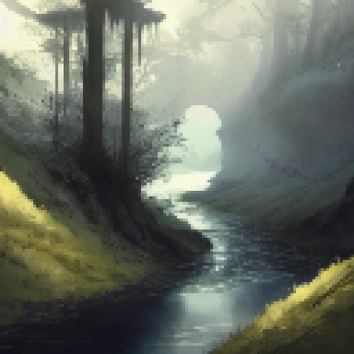 Distant castle looms over the forest scenery, a small river winding its way underneath bridges, shrouded in the eerie atmosphere of dark fantasy.