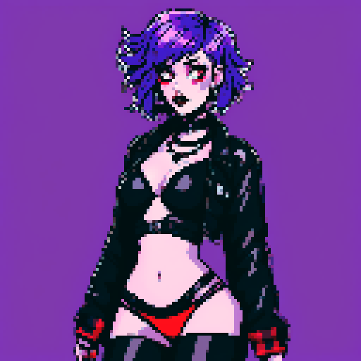 Curvy, busty goth girl, with purple hair, black eyeshadow and red lipstick. wearing bikini and studded collar, sexy seductive glamour shot, vibrant srgb colors, edgy aesthetic