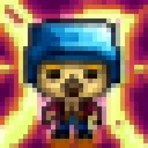 "Create a 32x32 pixel art of a modern-day pirate sporting a leather jacket, aviator sunglasses, and a bandana while holding a pixelated cutlass and standing on a neon pink and blue ship against a city skyline backdrop."
