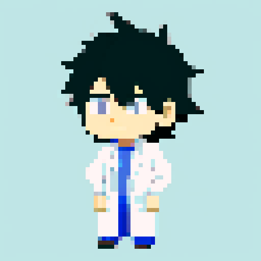 tired-looking, young mad scientist in a lab coat, with unkempt black hair, bags under his eyes, and a neutral tired expression, depicted in a chibi-style pixel art with simplistic features and no shading or eye textures, against a neutral background in sRGB colors