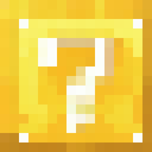A yellow Minecraft lucky block with a white question mark in the middle