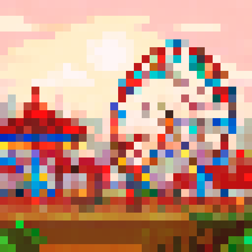 wide shot amusement park, vibrant colors, whimsical carousel, towering roller coaster, ferris wheel in motion, candy-colored stalls, pixel art style