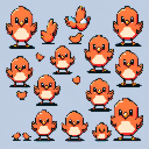 several different chicken sprites. chibi kawaii pixel art modern cross stitch style 
