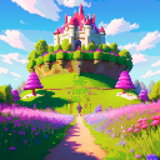 A magical battle arena with a slightly tilted grassy battlefield in the foreground, sloping upward into the distance. The bottom-left corner is clear for the player's perspective, while the middle-right shows vibrant mushrooms, glowing flowers, and the path leading toward a tall, enchanting castle in the background. The entire scene is framed by luminous trees and pastel skies, blending whimsy with balance.