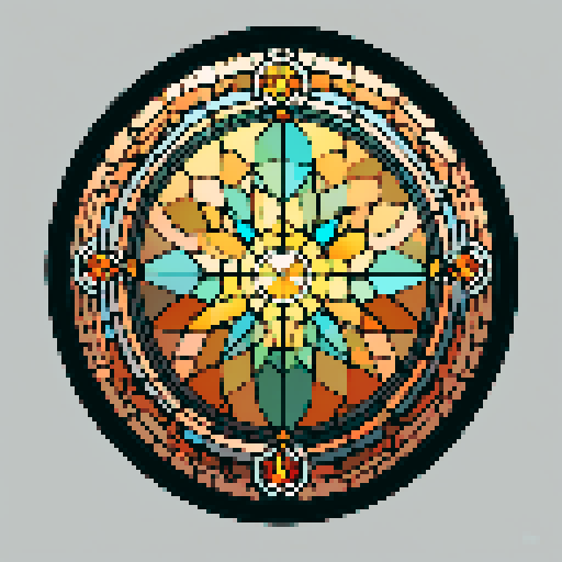 I want a beautiful circular stained glass window framed in copper with rivets around the edge. I want this object usable an asset in a videogame, meaning only one object per image, outlined with a strong black stroke, on a solid-color background.