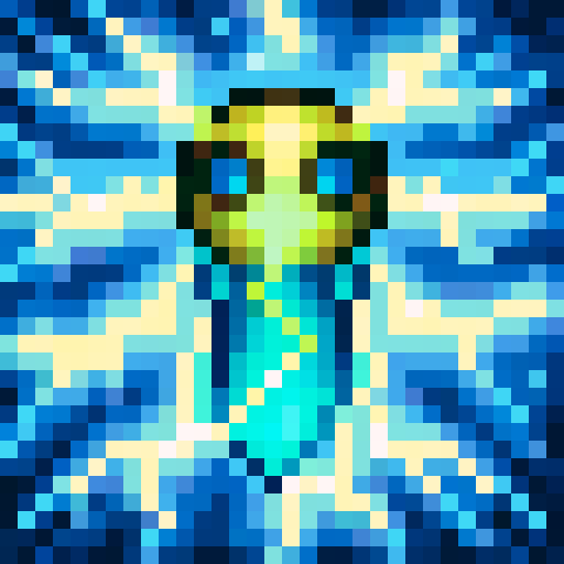 Electric blue tendrils, undulating and glowing, surround the bulbous head of a jellyfish in this skillful 32x32 game icon pixel art portrait