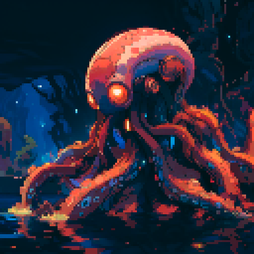 Squid, vibrant colors, underwater landscape, delicate tentacles, swirling patterns, pixelated details, sRGB, captivating art style