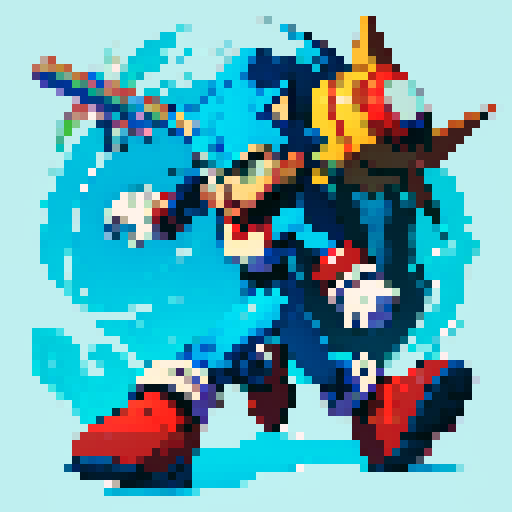 Full-body image of a character ready to fight, no background. They look like a cross between sonic the hedgehog and megaman.