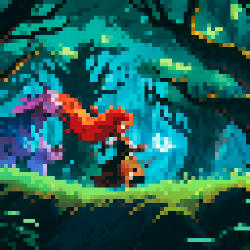 Hand fist, adorned with ornate, intricately carved runes, pulsating with ethereal energy, casting a spell in a mystical, ancient forest, surrounded by mythical creatures. Red and blue environment. Pixel art