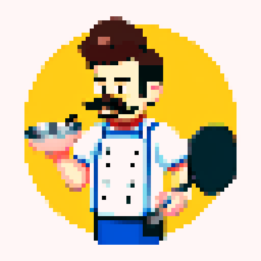 Cooking chef character with a moustache sprite for a 2D plateformer video game with a frying pan in his hand