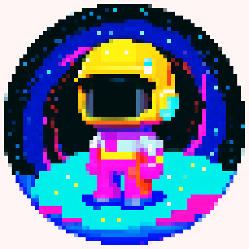 space traveler in vibrant pixel art spacesuit, with a helmet showcasing a reflective visor, surrounded by swirling galaxies, twinkling stars, and celestial wonders, all rendered in space color palette.