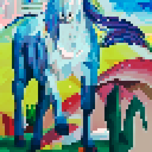 blue horse, galloping through a vibrant pixelated landscape, mane flowing with vibrant colors, surrounded by geometric shapes and bright blocky trees, showcasing the intricate details of pixel art