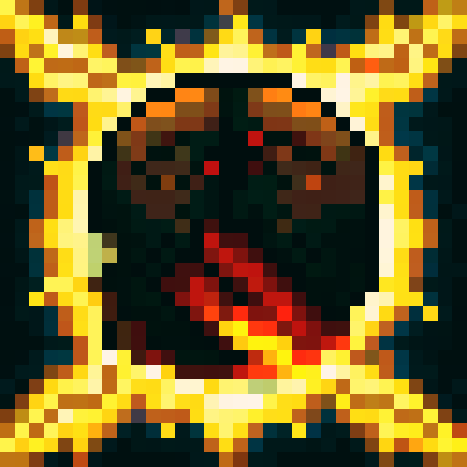 Golden sun with fiery rays shining on a fierce warrior's determined face, rendered in 32x32 pixel art with game icon style, skillfully close up and in portrait mode, using sRGB color palette.