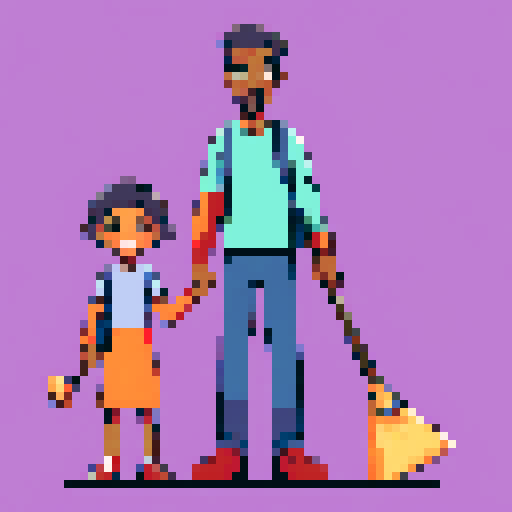 Happy mixed race family, father holding broom, vibrant pixel art, sRGB