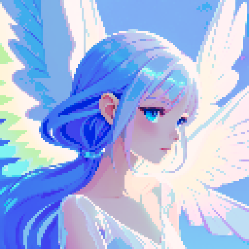 
Beautiful, ethereal angel with shimmering wings and flowing, liquid-like chrome body, rendered in minimalist pixel art with vibrant, dazzling sRGB colors