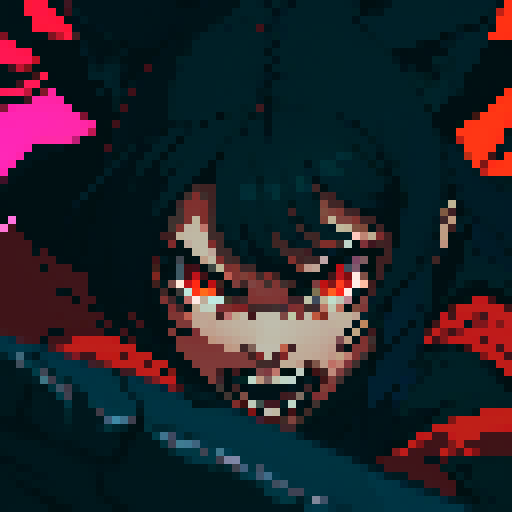 Dark, fierce, and stunning, a chimera with a blend of black and red, depicted in pixel art with vibrant sRGB colors